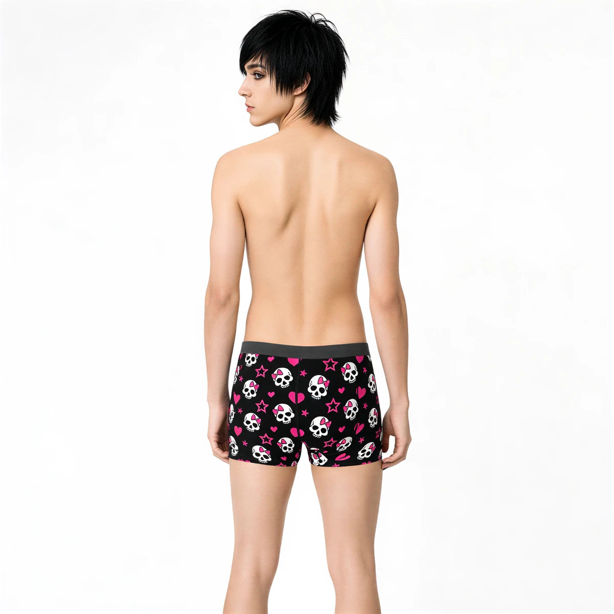 Skull Love Briefs: black with pink skulls and hearts, soft cotton blend.