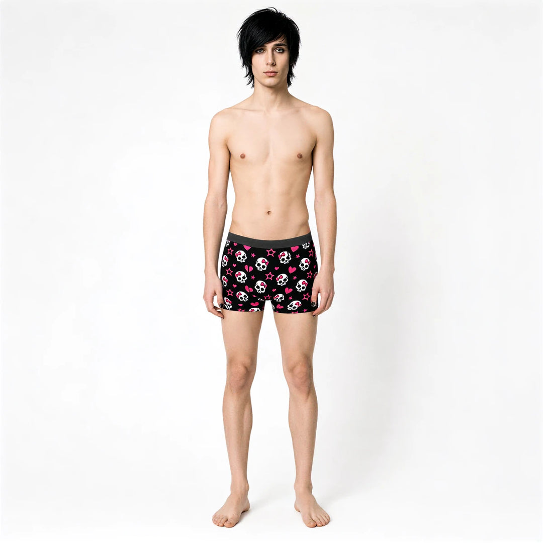 Skull Love Briefs: black briefs with pink skulls and hearts pattern.