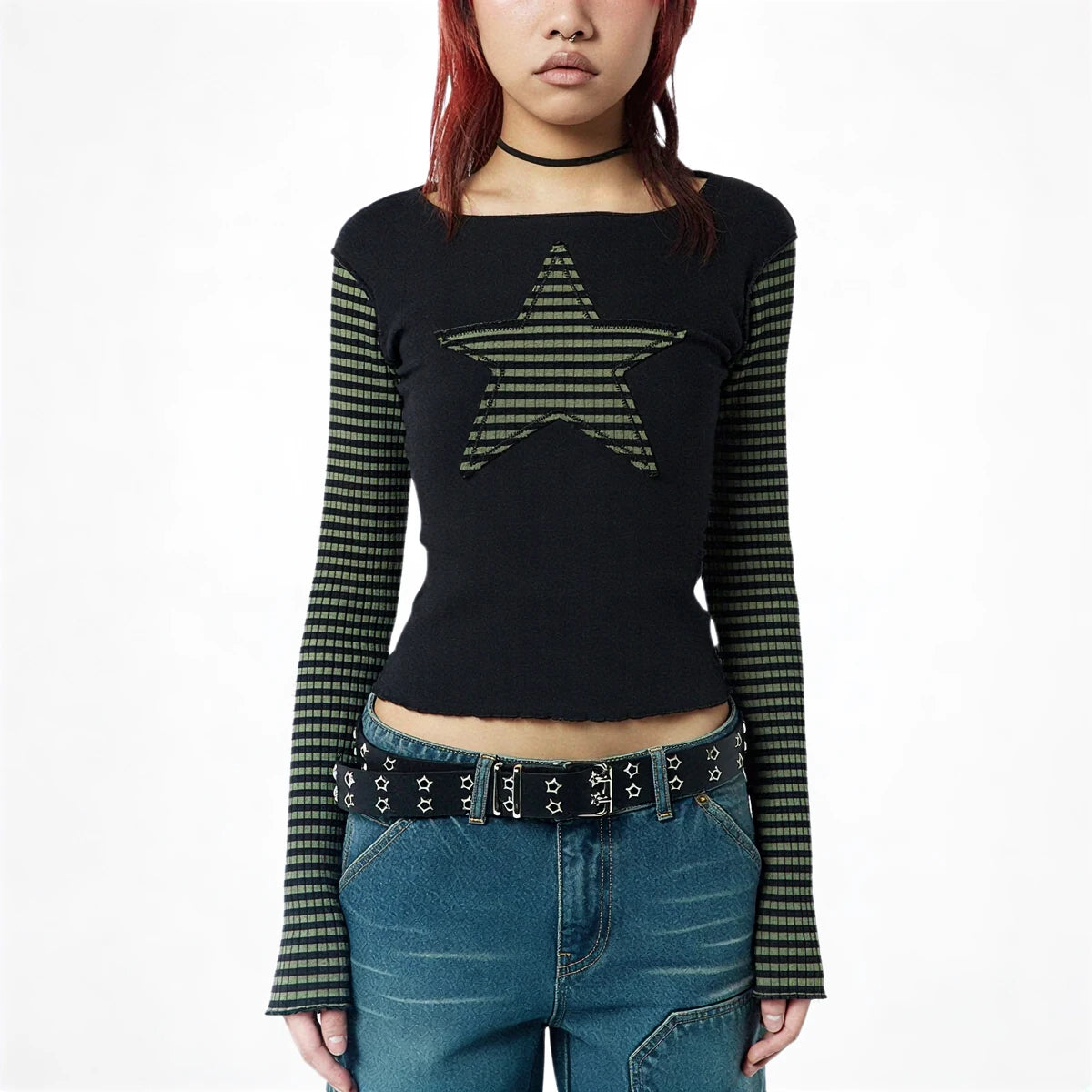 Black long sleeve top with striped star detail and ribbed texture.