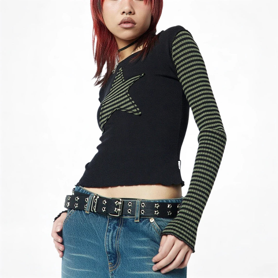 Black cropped long sleeve with striped sleeves and star appliqué.