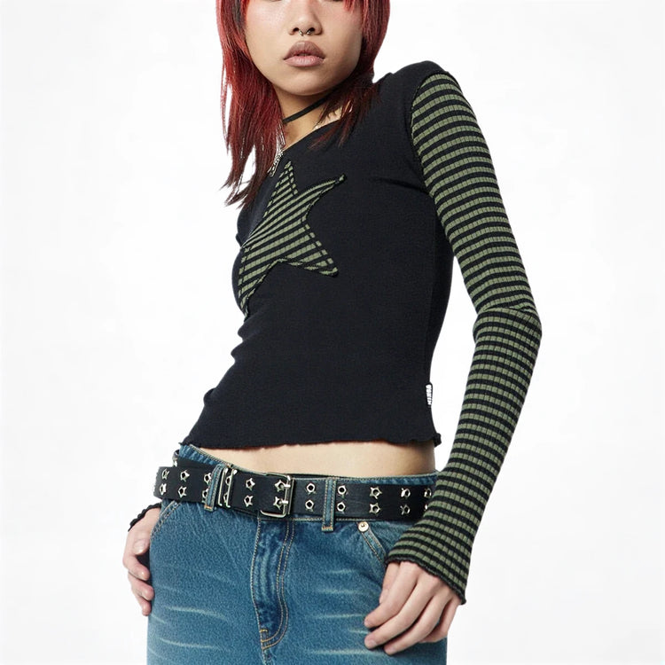 Black cropped long sleeve with striped sleeves and star appliqué.