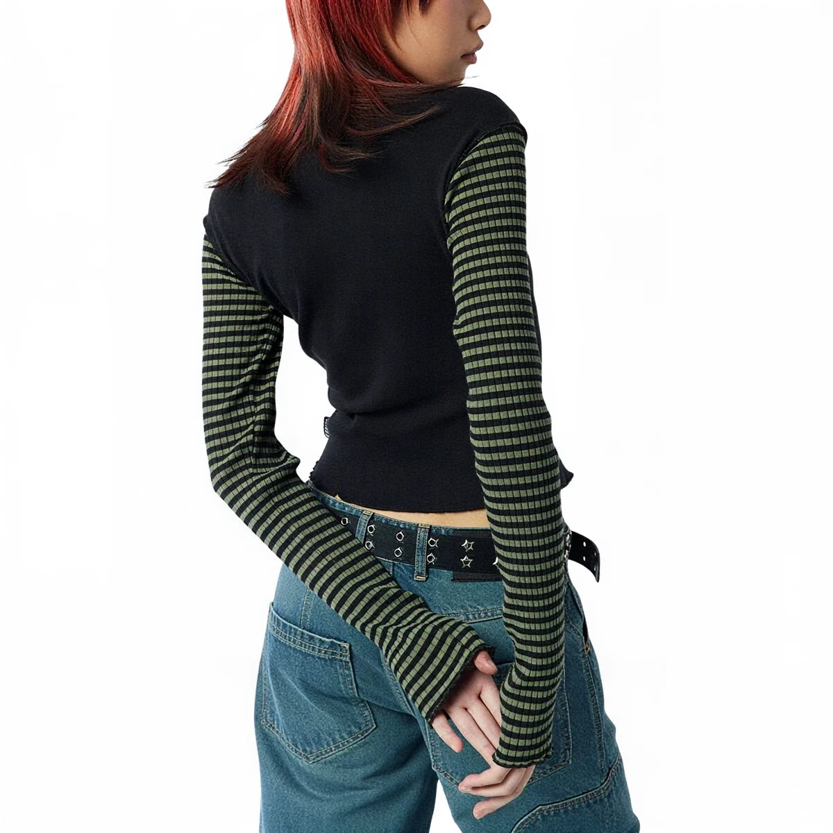 Black long sleeve with green striped sleeves, ribbed knit, cropped fit.