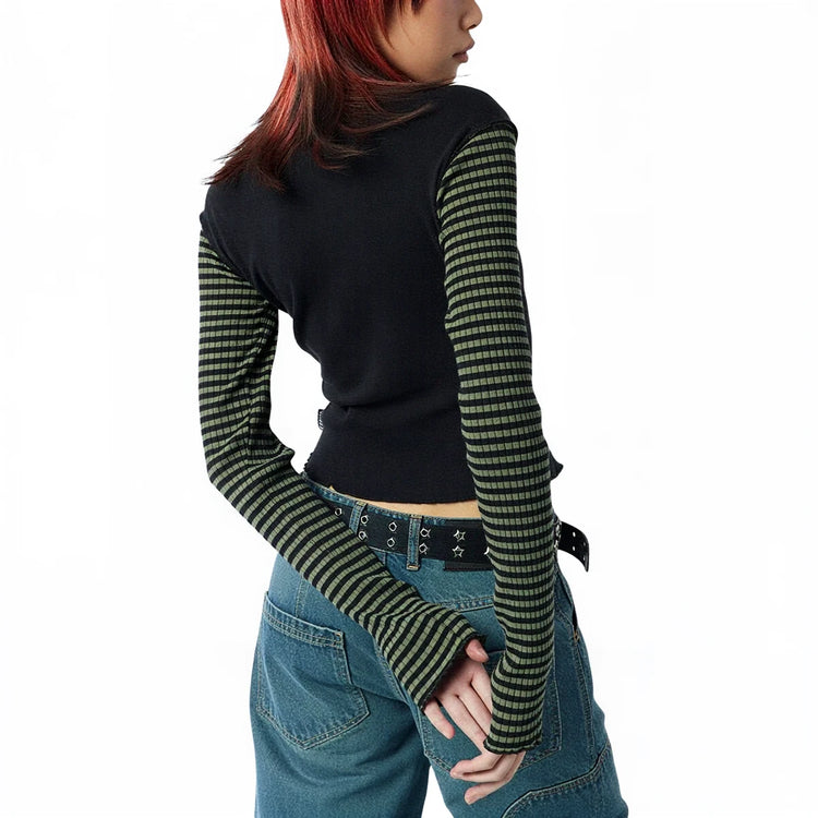 Black long sleeve with green striped sleeves, ribbed knit, cropped fit.