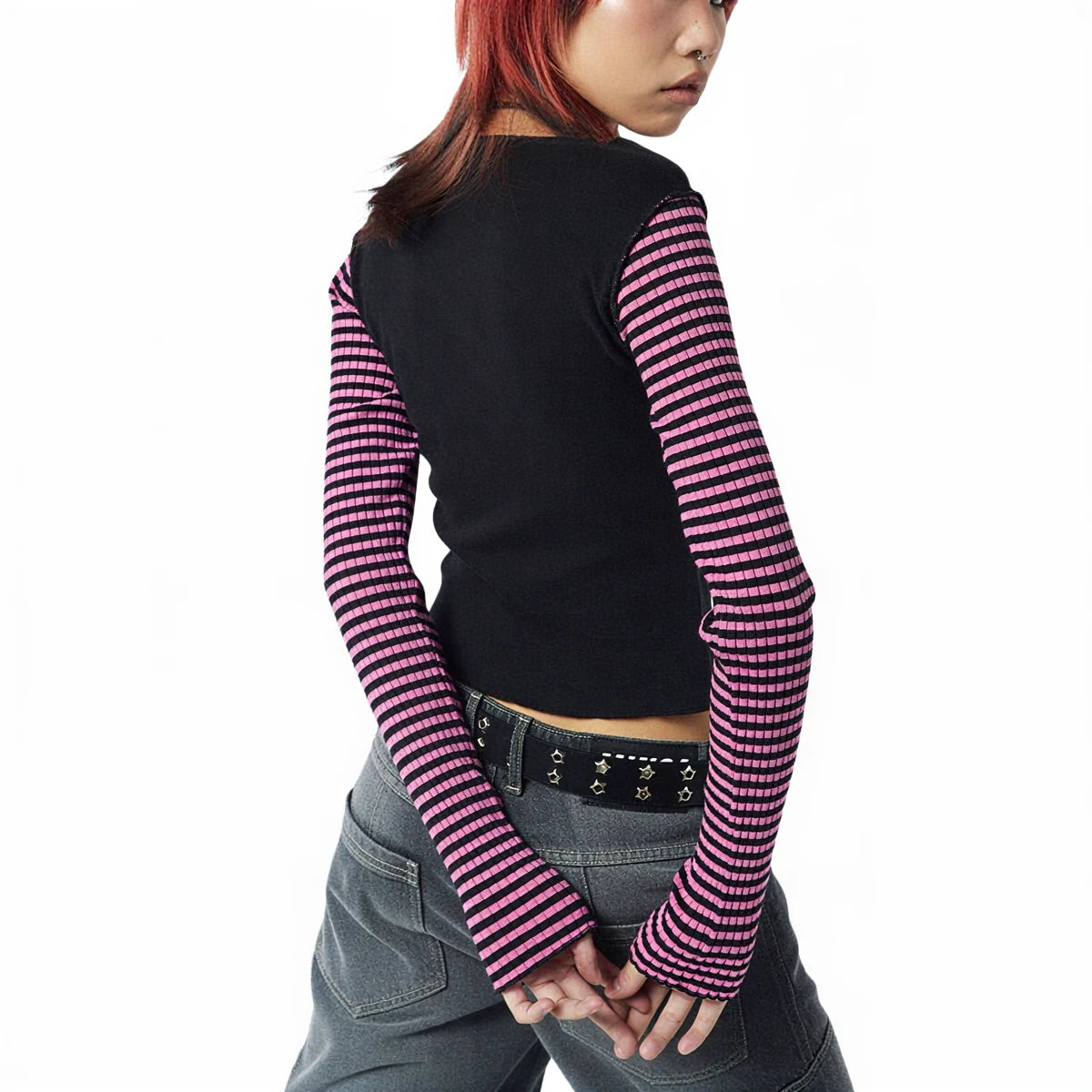 Black cropped long sleeve with pink striped sleeves and ribbed texture.