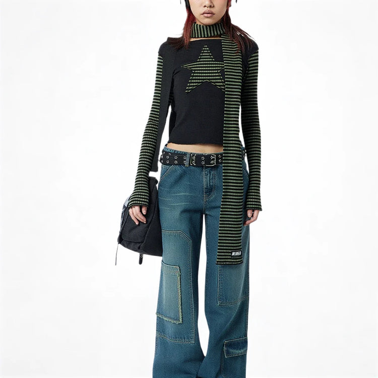 Long sleeve top in black and green stripes, featuring a star design.