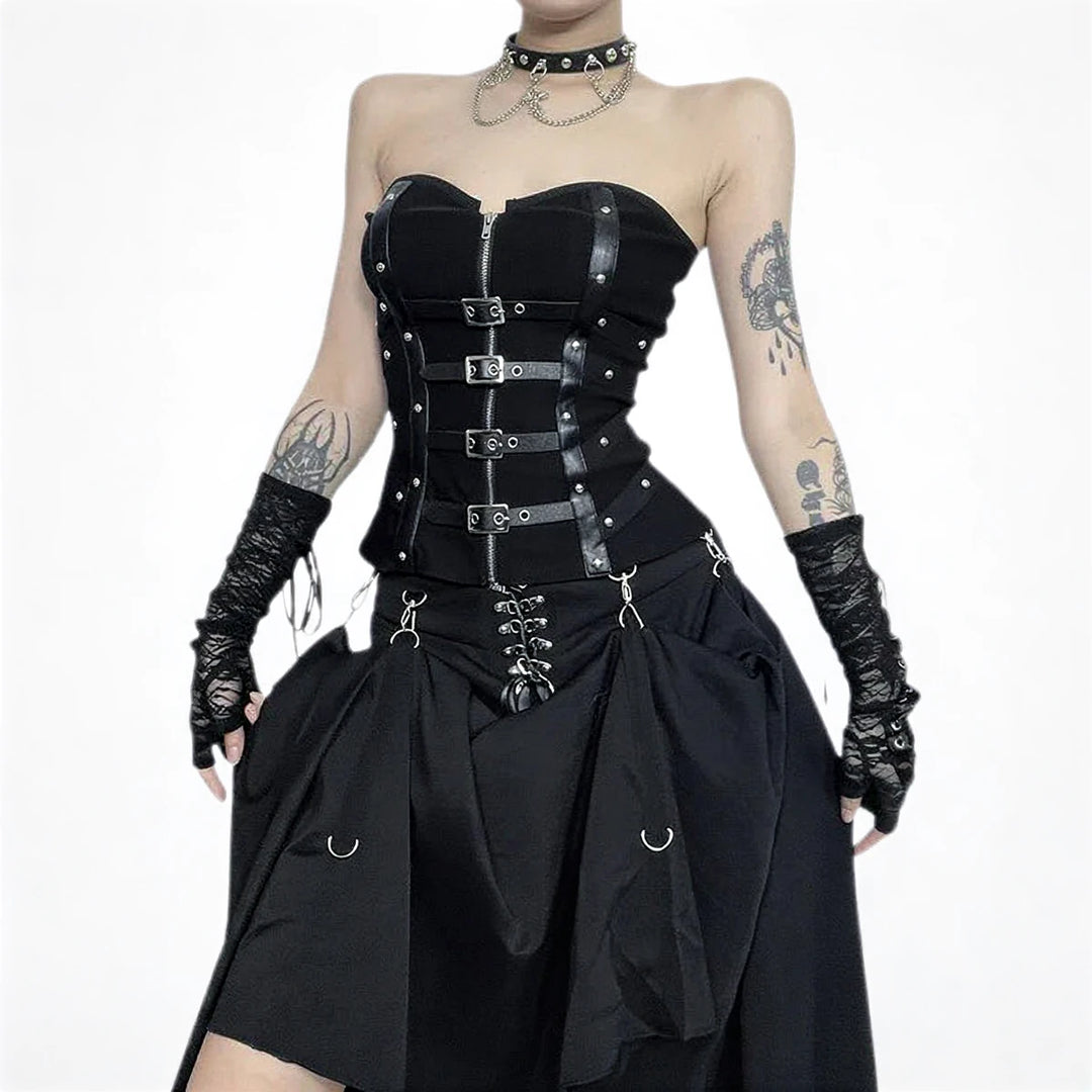 Black waist cincher with leather straps, metal buckles, and front lacing.