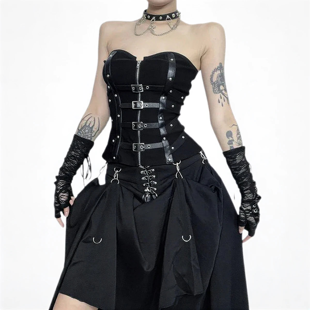Black waist cincher with leather straps, metal buckles, and front lacing.