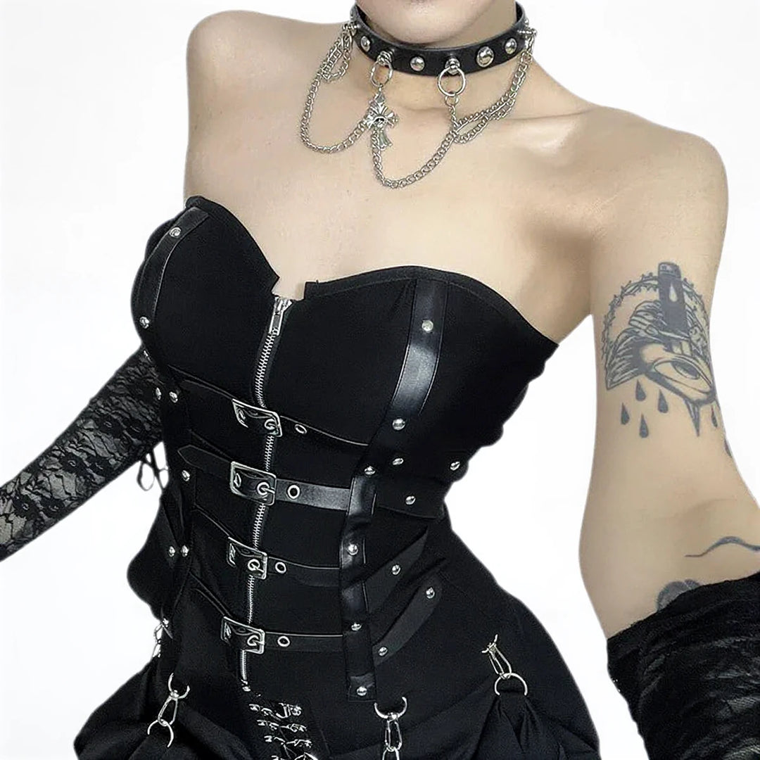 Black waist cincher with leather straps, metal buckles, and front zipper.