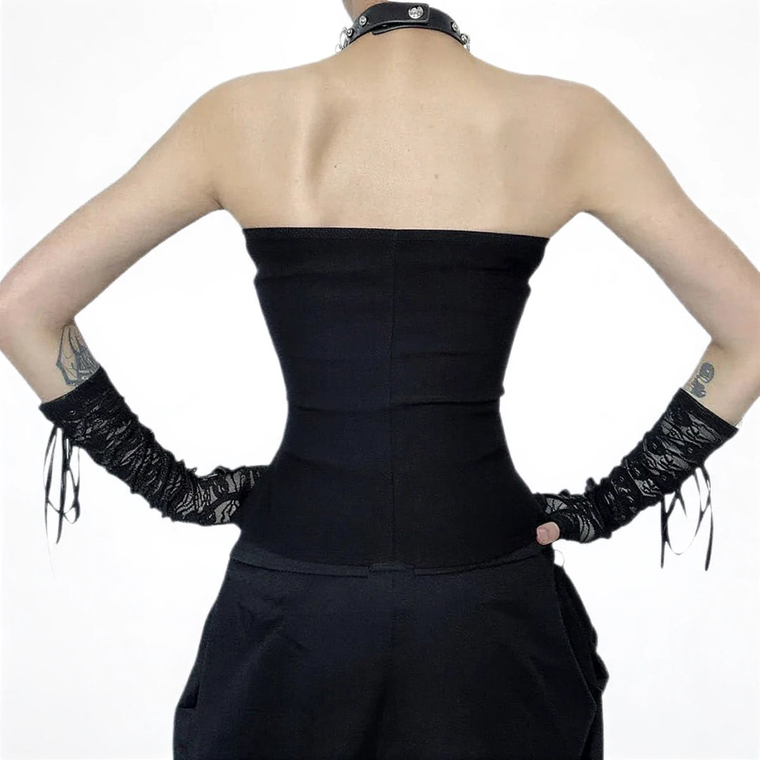 Black waist cincher with lace gloves, adjustable lacing, and corset-style design.