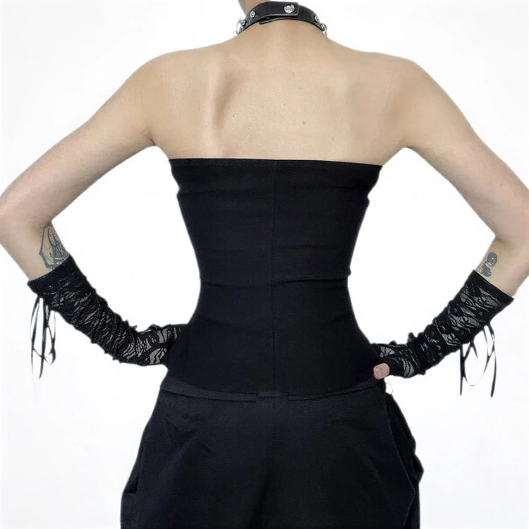 Black waist cincher with lace gloves, adjustable lacing, and corset-style design.