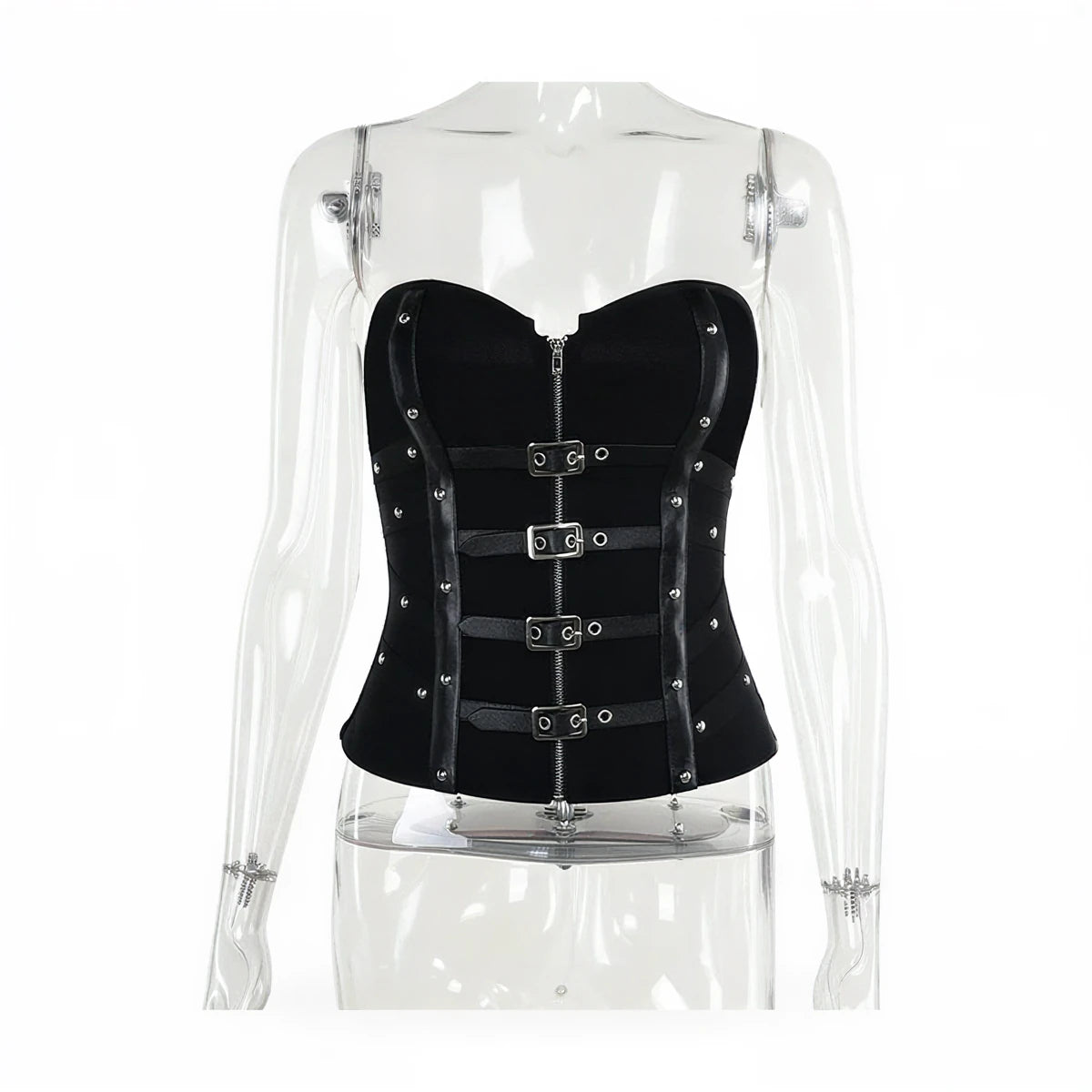 Black velvet waist cincher with silver buckles and zipper closure.