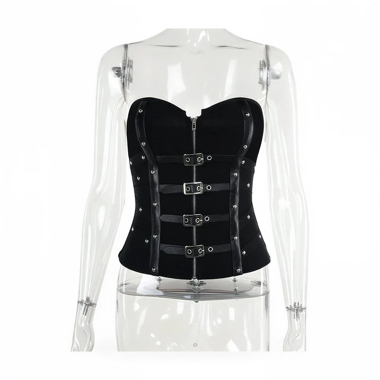 Black velvet waist cincher with silver buckles and zipper closure.