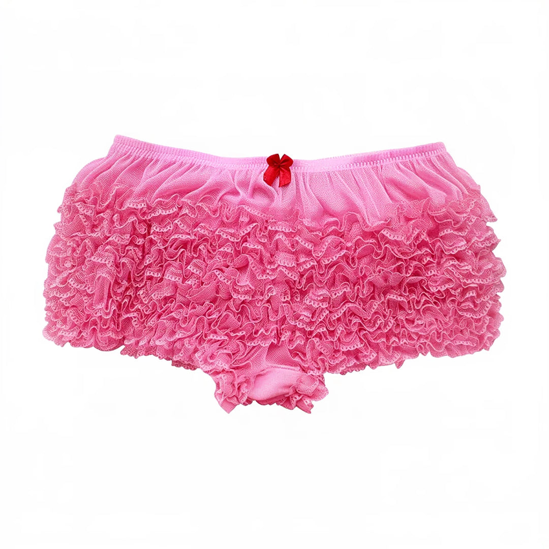 Pink ruffled lingerie shorts with red bow at waistband.