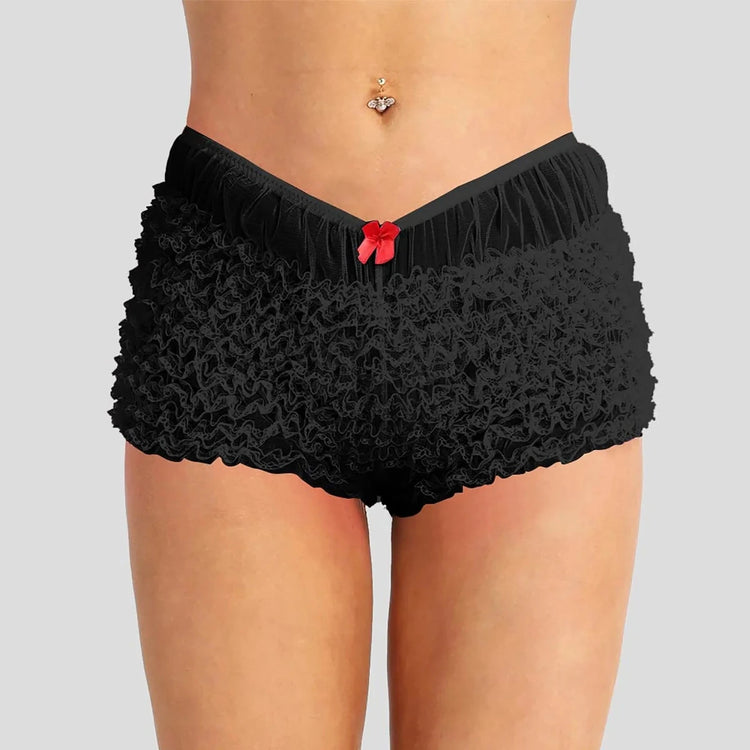 Black ruffled lingerie shorts with red bow at waistband.