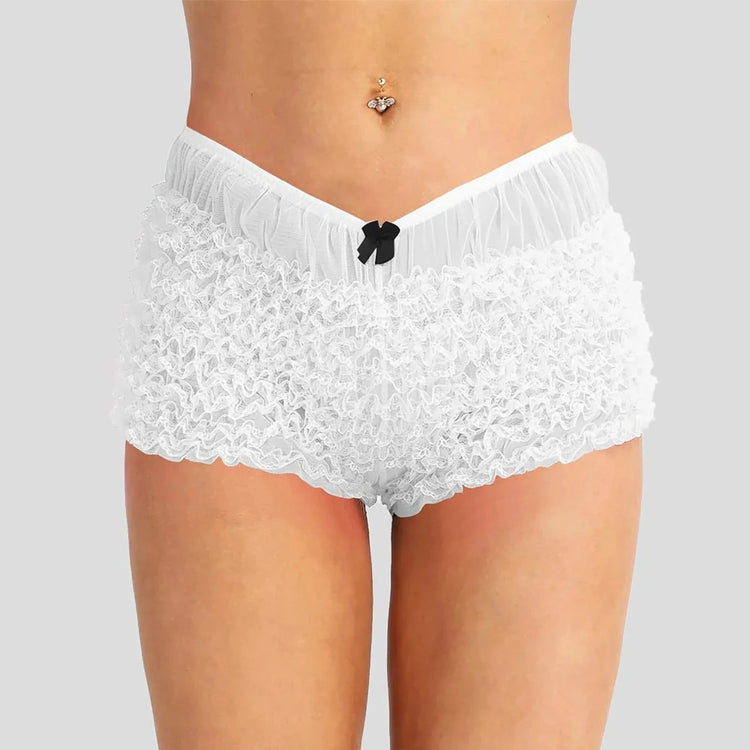 White ruffled lingerie shorts with black bow at waistband.
