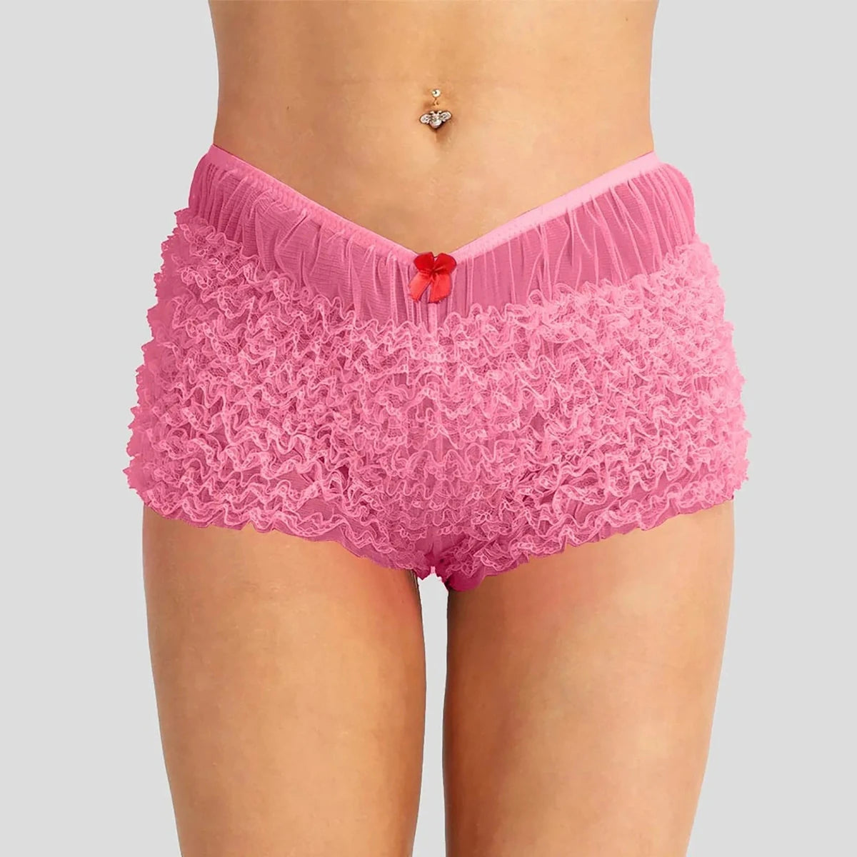 Pink ruffled lingerie shorts with bow detail at waistband.