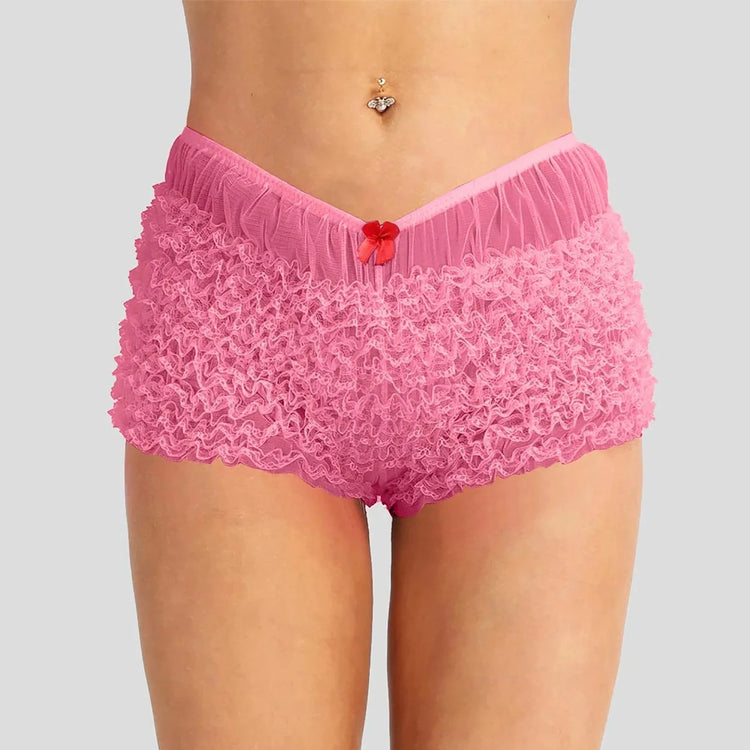 Pink ruffled lingerie shorts with bow detail at waistband.