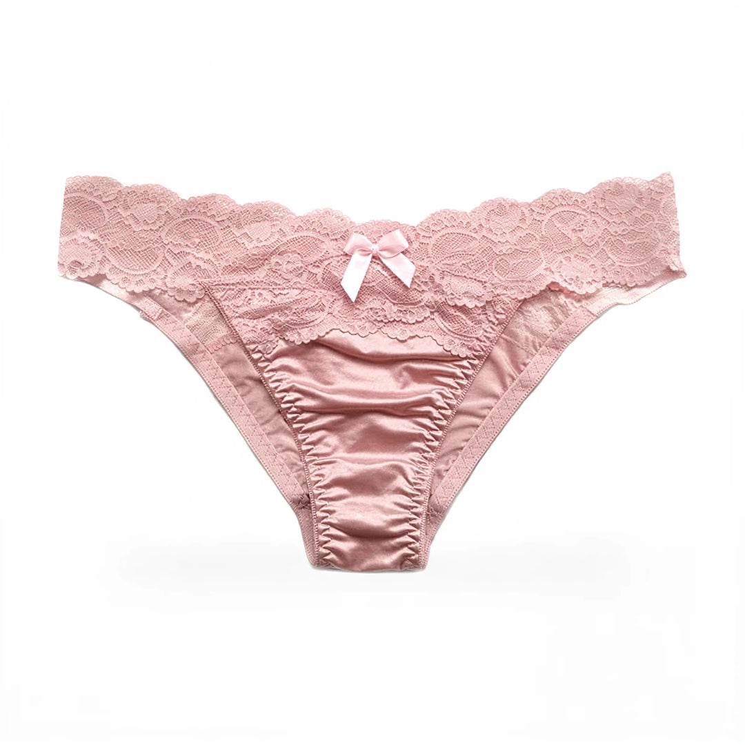 Pink lace panties with satin trim and bow detail.