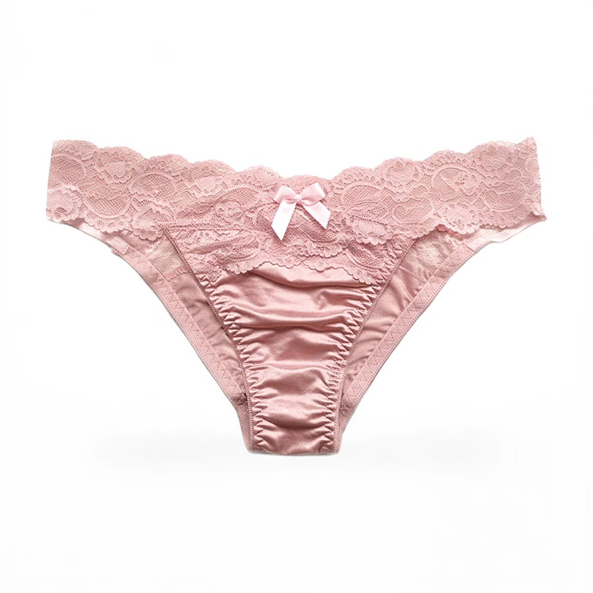 Pink lace panties with satin trim and bow detail.