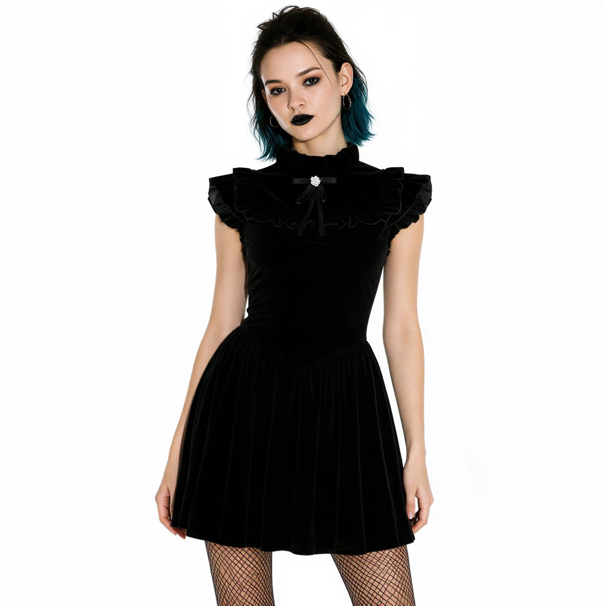 Black velvet dress with ruffled collar and bow detail.