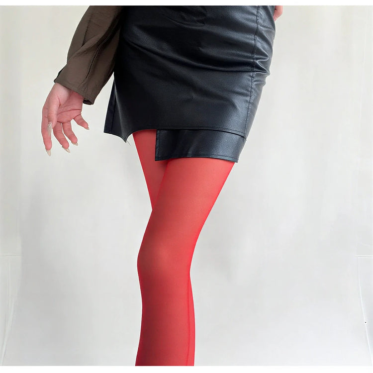 Vibe Legwear: bold red sheer tights with smooth, stretchy finish and seamless design.