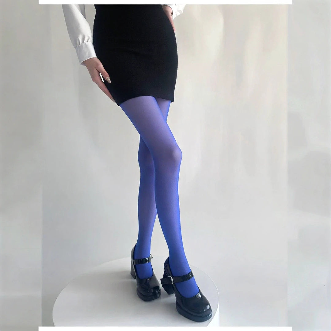 Vibe Legwear: sheer blue tights with smooth texture and subtle sheen.