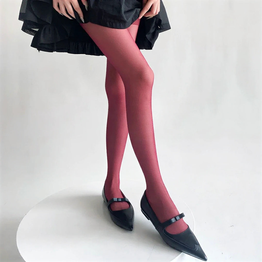 Vibe Legwear: smooth, solid red sheer tights with subtle sheen and seamless finish.