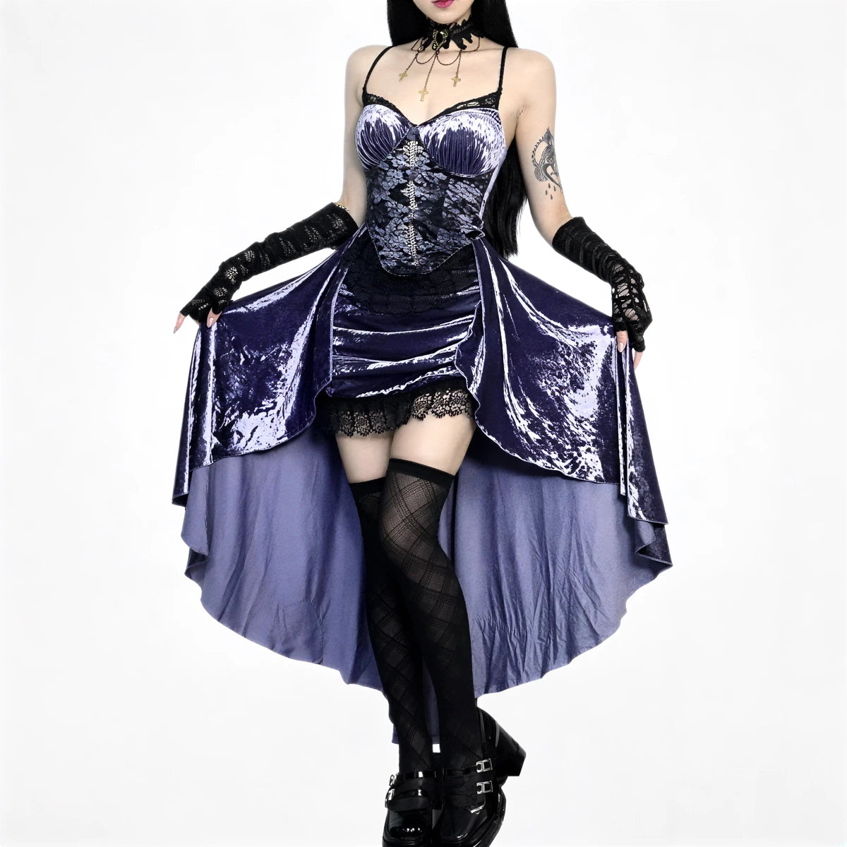 Victoria velvet dress in purple, featuring lace trim and corset bodice.