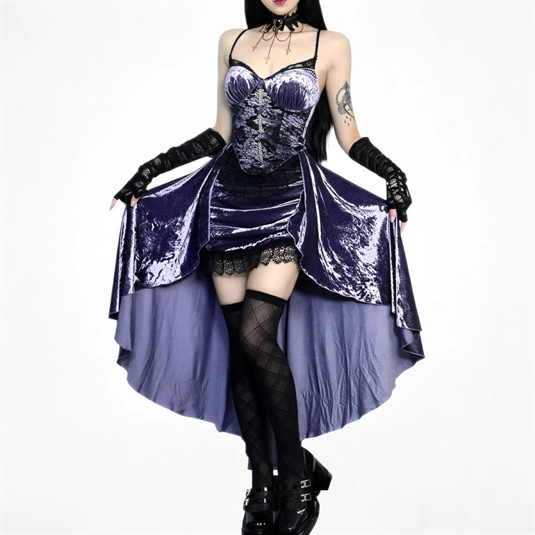 Victoria velvet dress in purple, featuring lace trim and corset bodice.