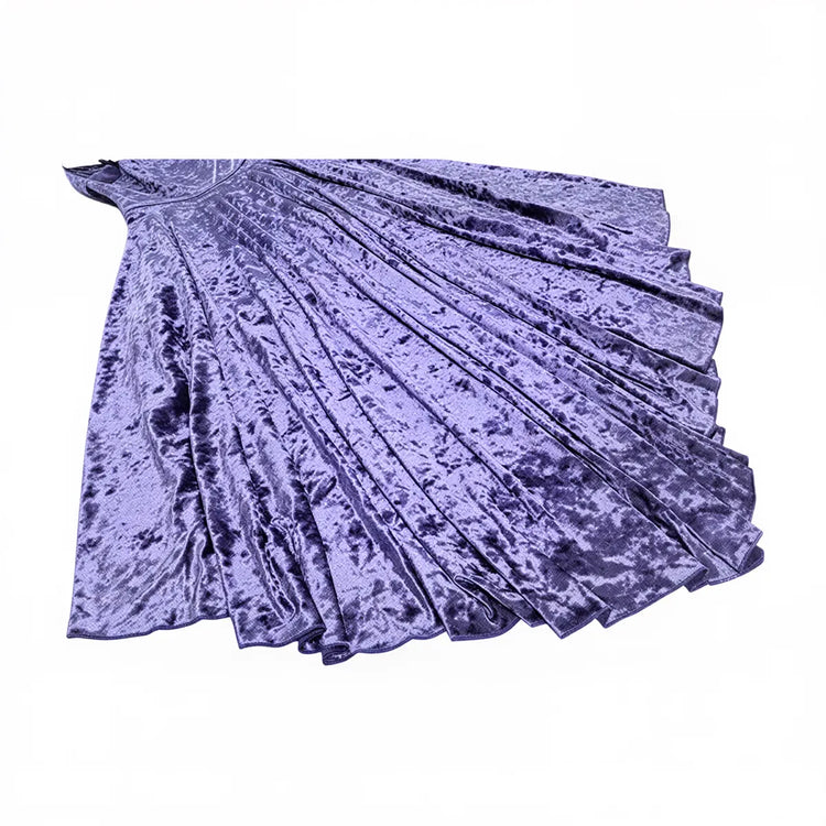 Victoria velvet dress, purple, pleated, textured fabric, flared silhouette.