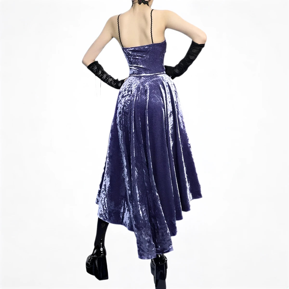 Victoria velvet dress, deep purple, with lace-up back and asymmetrical hem.