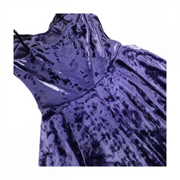 Victoria velvet dress in deep purple, featuring a high neck and textured fabric.