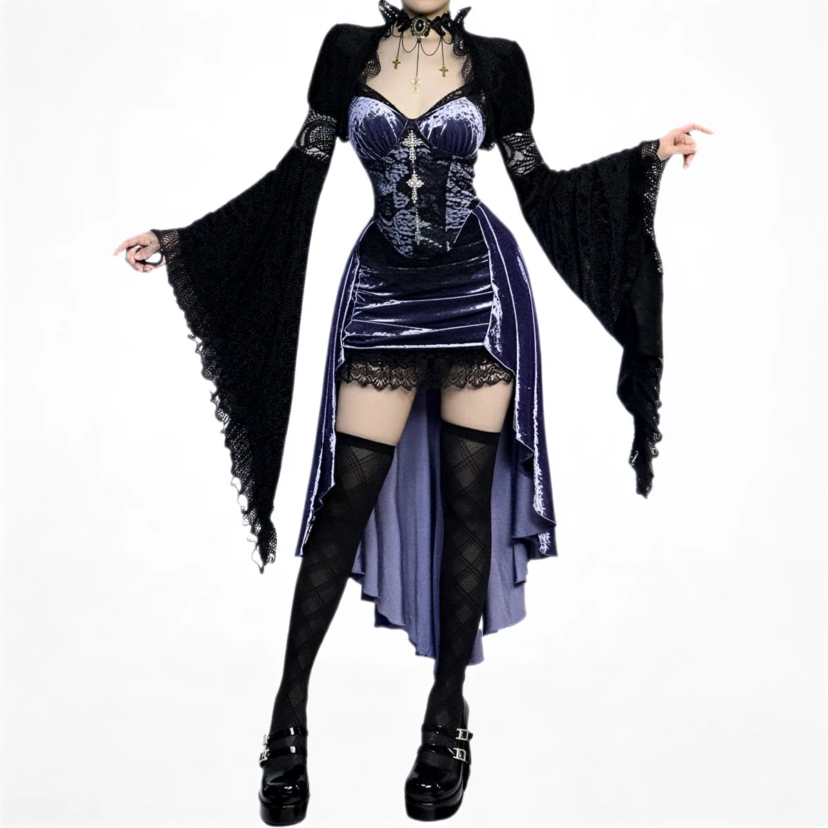 Victoria velvet dress in deep purple, featuring lace trim and corset-style bodice.