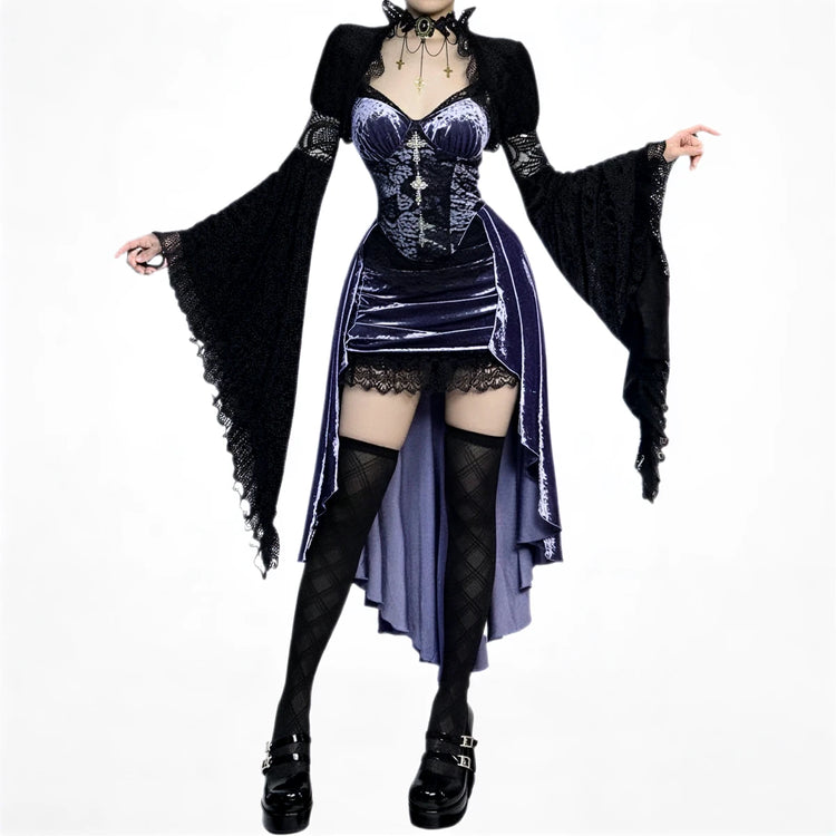 Victoria velvet dress in deep purple, featuring lace trim and corset-style bodice.