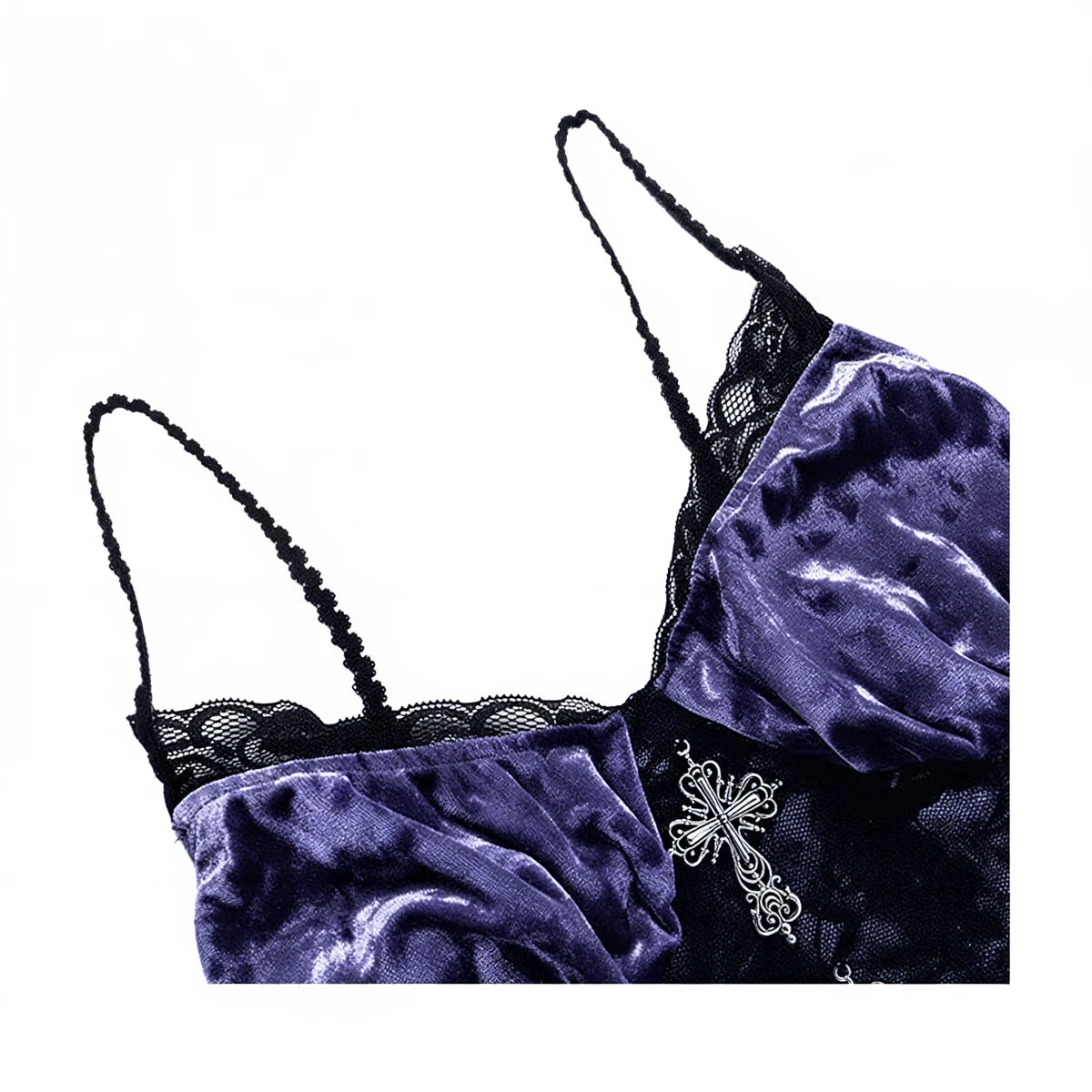 Victoria velvet dress in deep purple, featuring black lace trim and ornate silver cross embellishment.