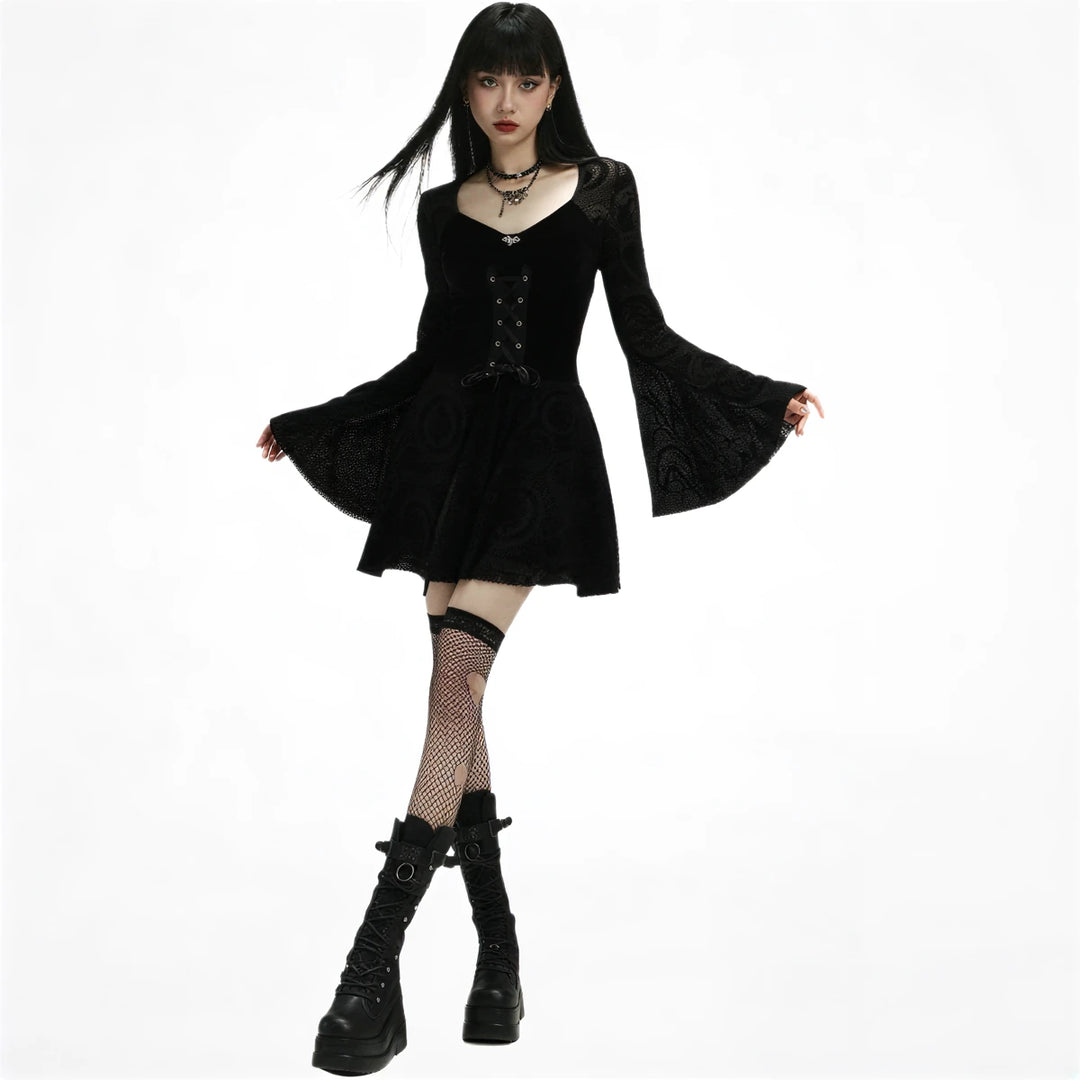 Vintage Goth Dress: black lace, corseted bodice, flared sleeves, mini skirt.