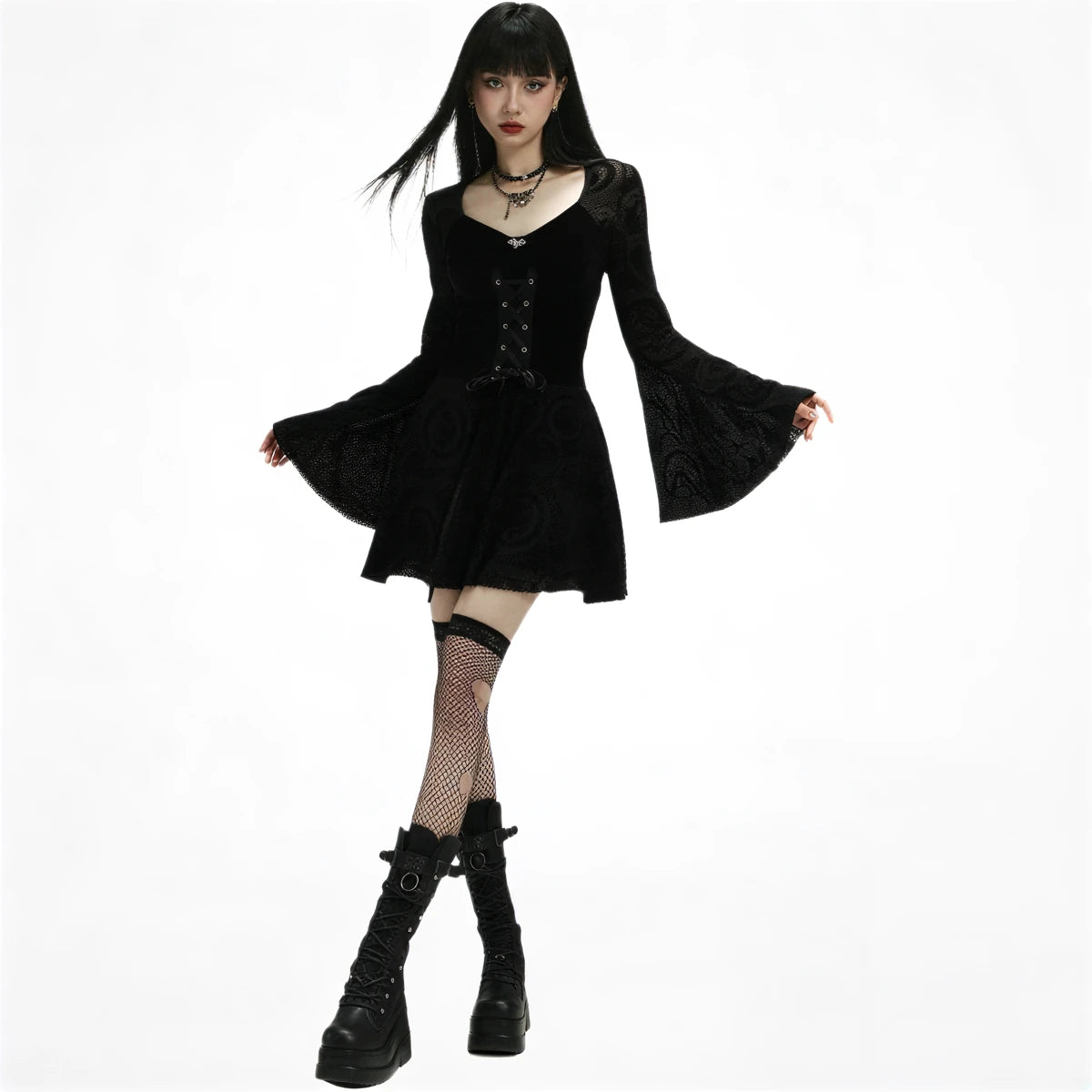 Vintage Goth Dress: black lace, corseted bodice, flared sleeves, mini skirt.