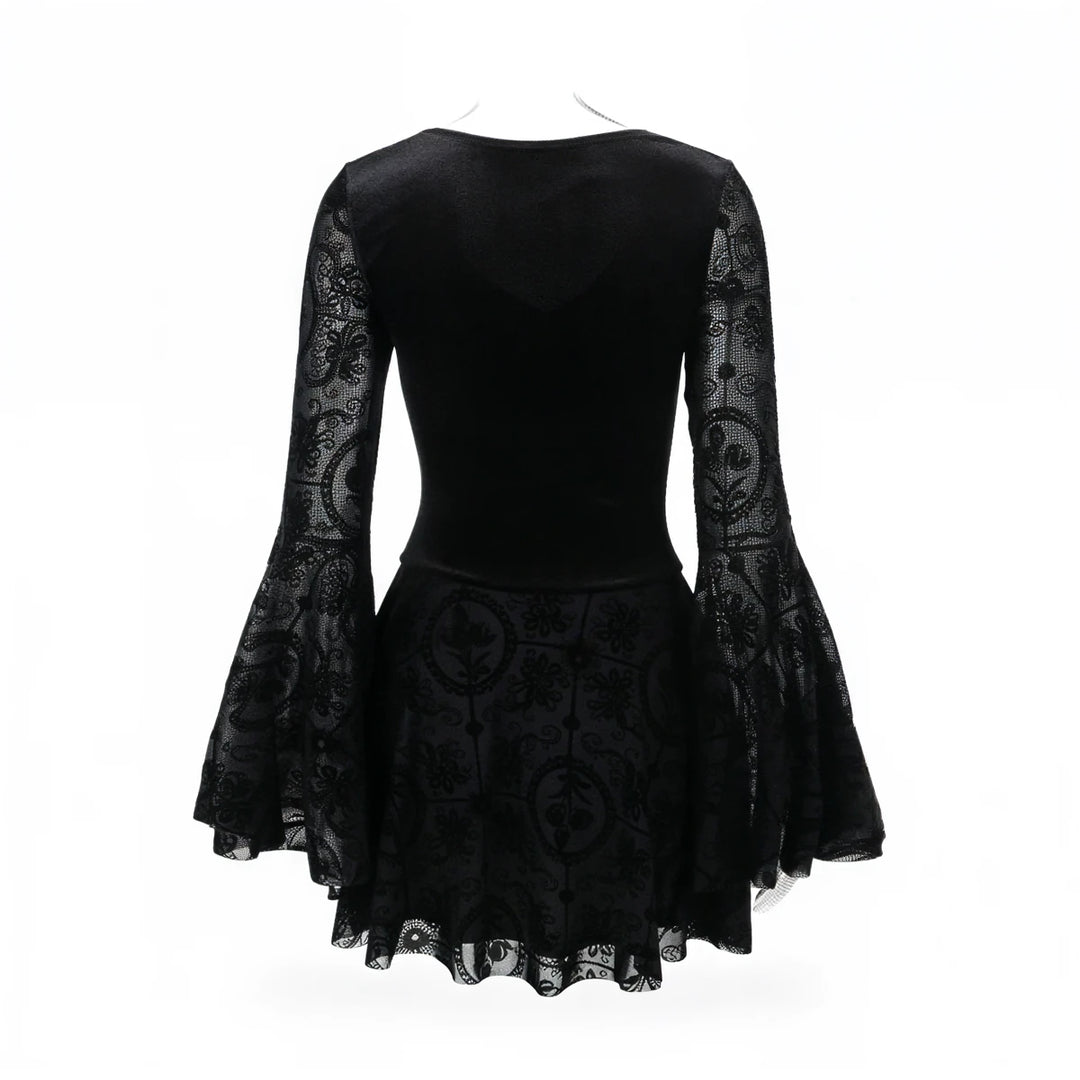 Black vintage goth dress with lace bell sleeves and floral patterned skirt.