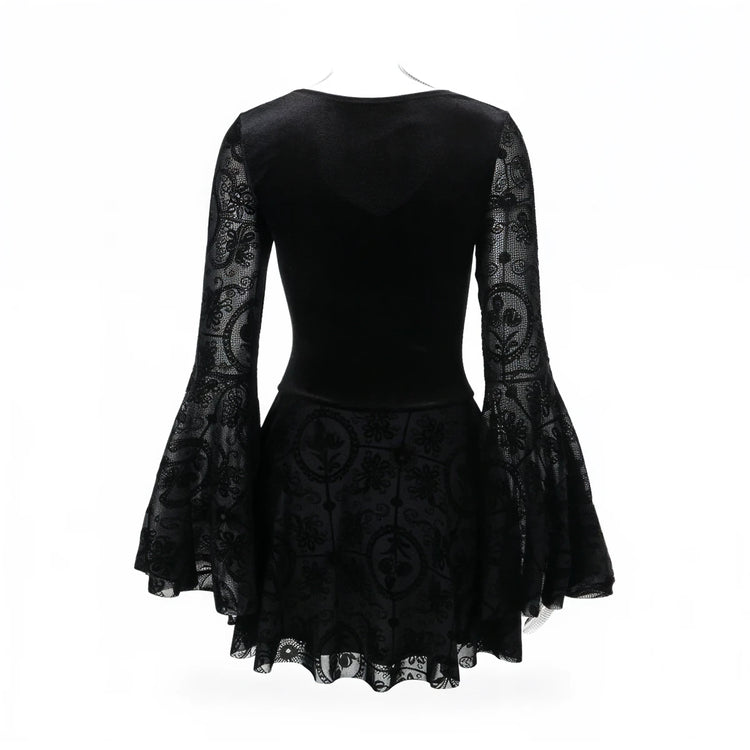 Black vintage goth dress with lace bell sleeves and floral patterned skirt.