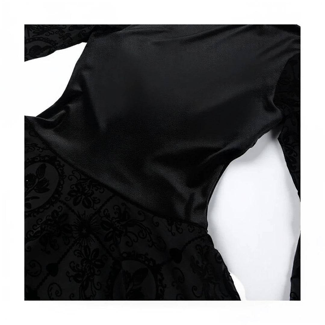 Vintage Goth Dress: black velvet with intricate floral lace overlay.
