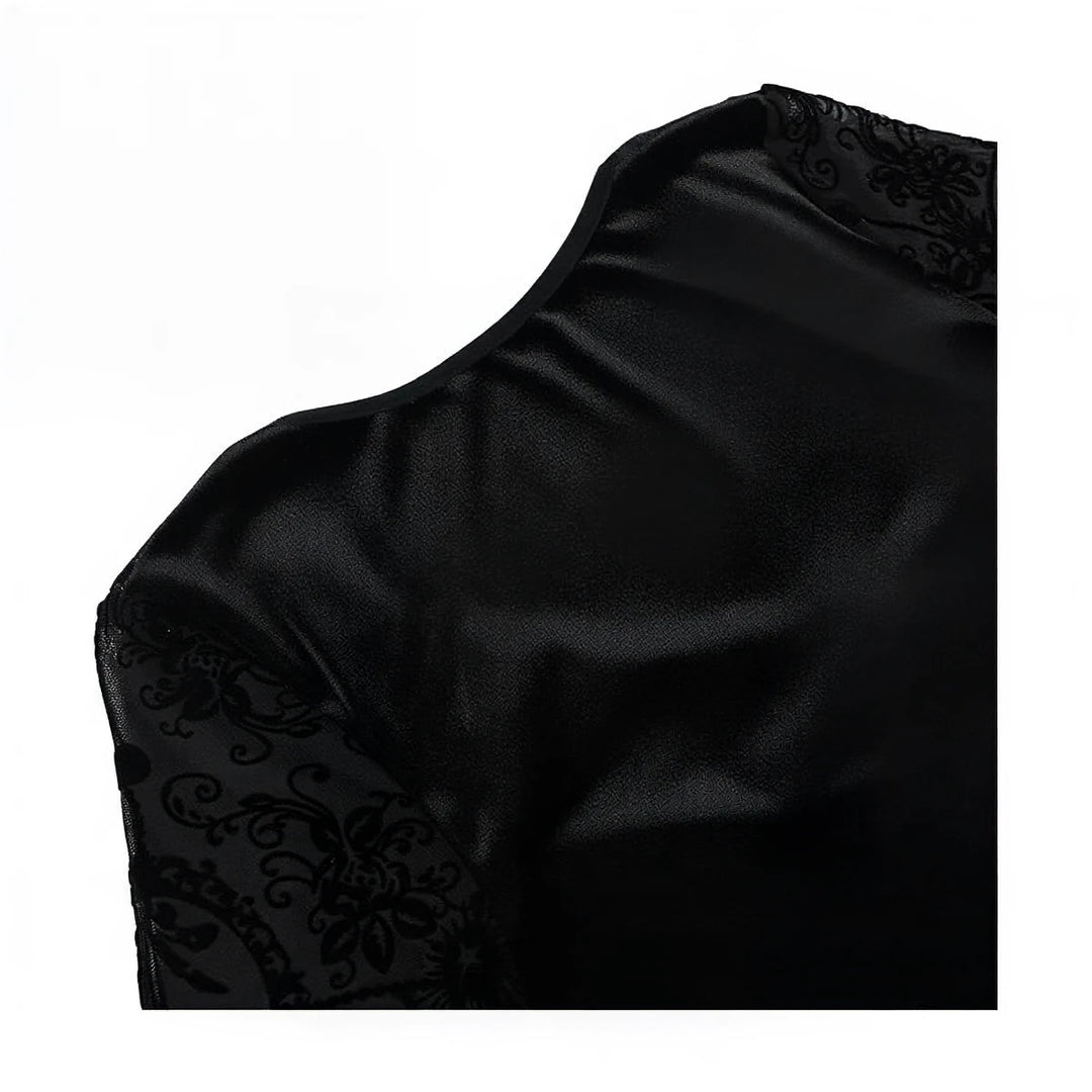 Vintage Goth Dress, black velvet with lace floral trim at neckline.