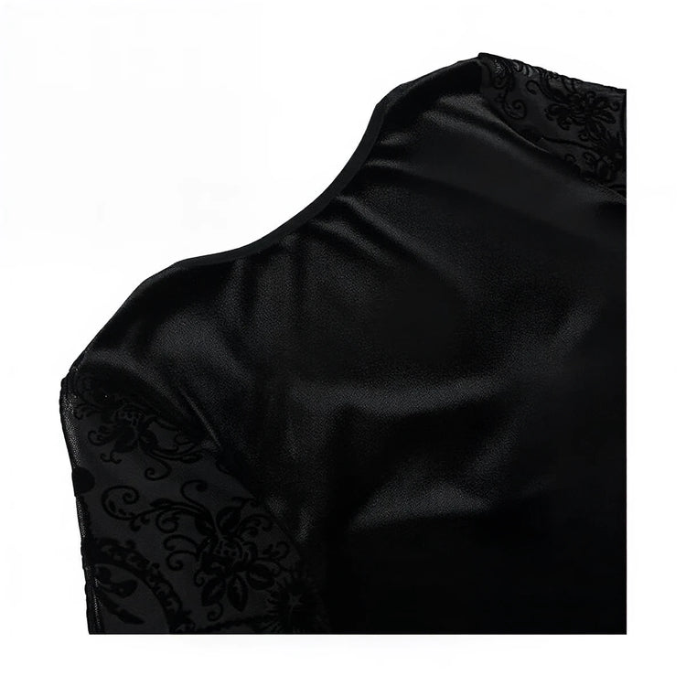 Vintage Goth Dress, black velvet with lace floral trim at neckline.