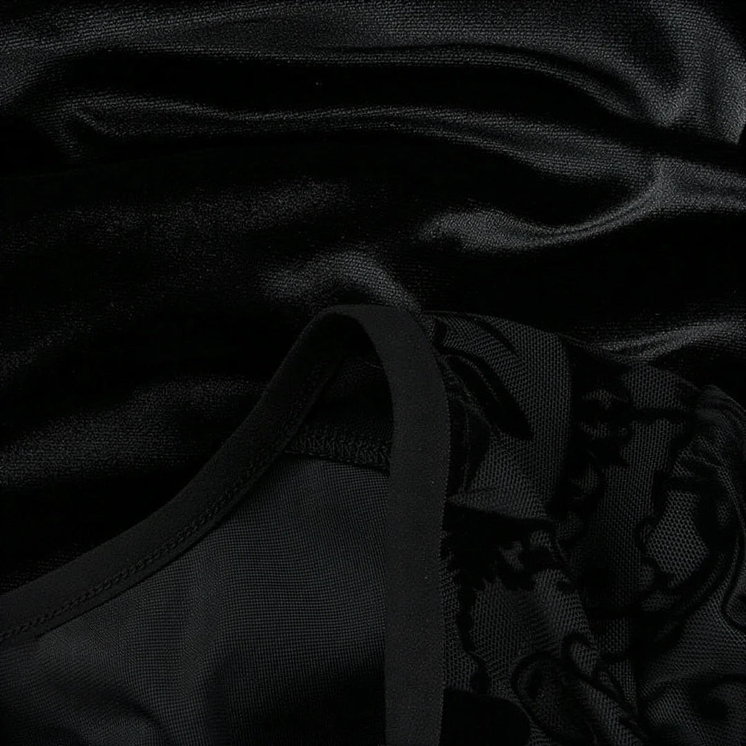 Vintage Goth Dress in black velvet with lace detailing and ribbed trim.
