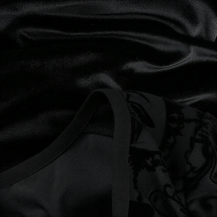 Vintage Goth Dress in black velvet with lace detailing and ribbed trim.