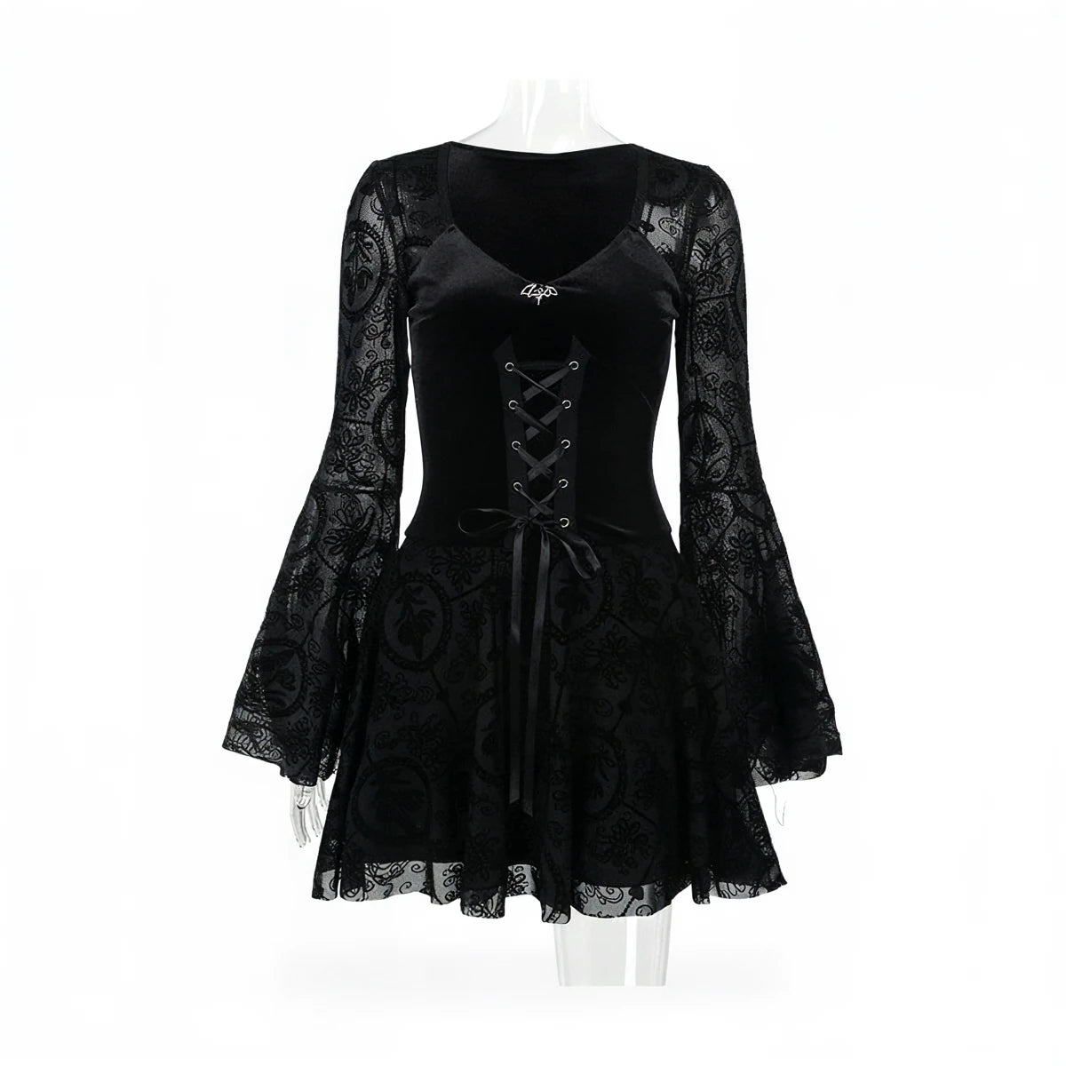 Black vintage goth dress with lace sleeves and corset lacing.