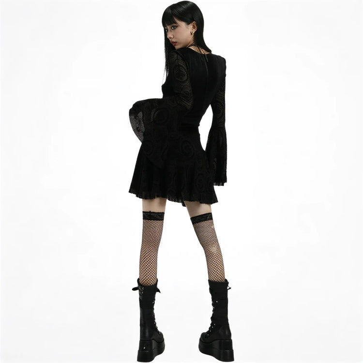 Vintage Goth Dress: black lace velvet with flared sleeves and ruffled hem.