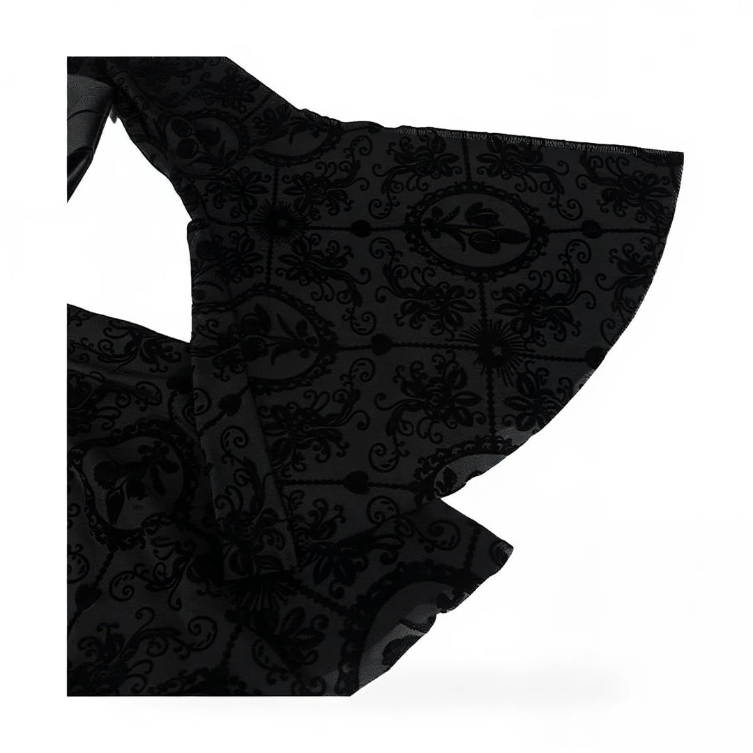 Vintage Goth Dress, black lace, ornate floral pattern, flared sleeves