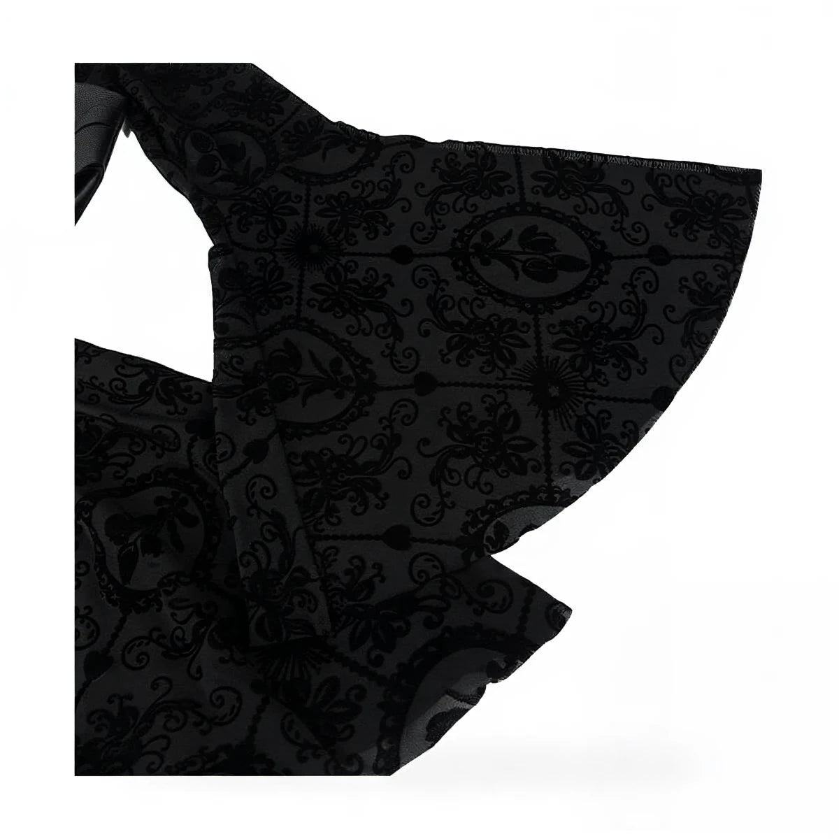 Vintage Goth Dress, black lace, ornate floral pattern, flared sleeves