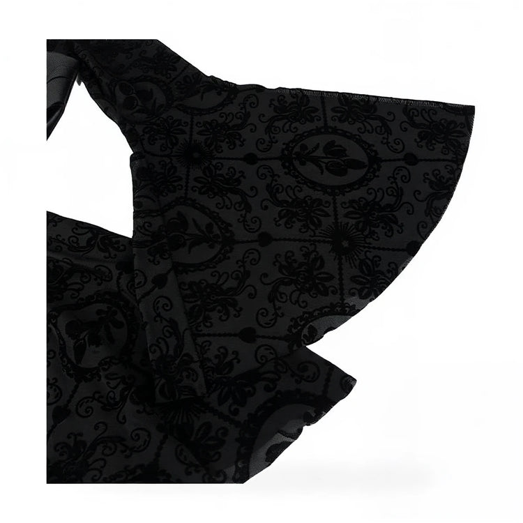 Vintage Goth Dress, black lace, ornate floral pattern, flared sleeves