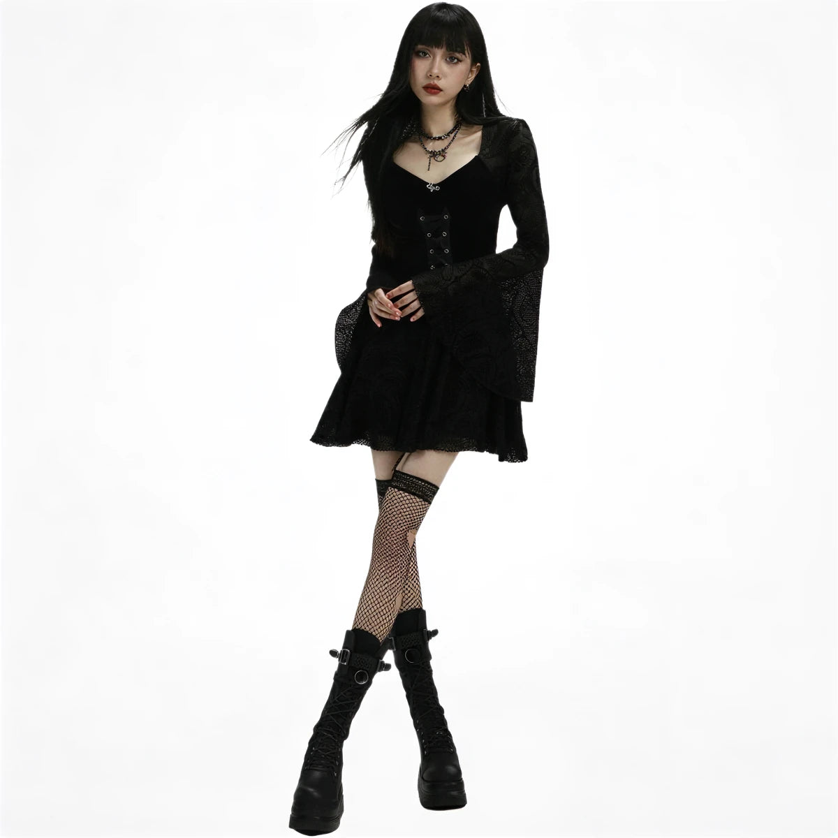 Black lace goth dress with corset front and flared skirt.